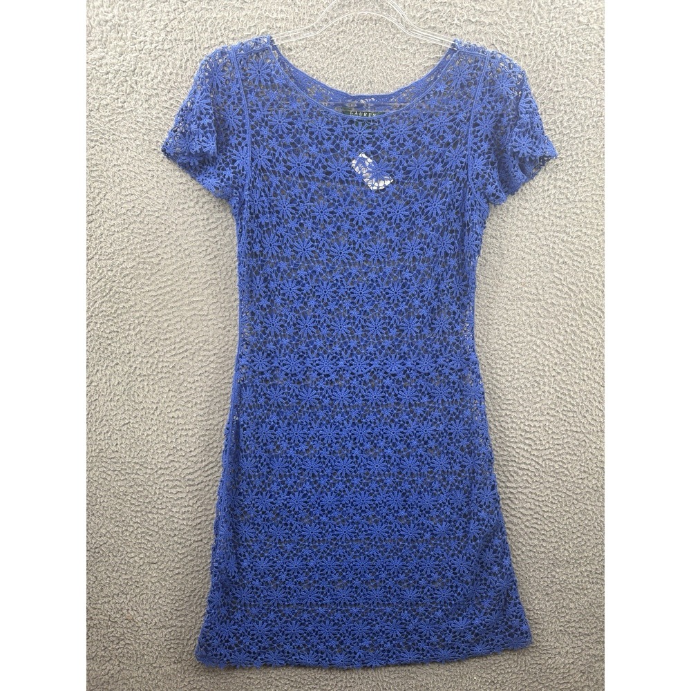 Lauren Ralph Lauren Crochet Dress Womens S Blue Swim Cover Up Floral Knit Cotton